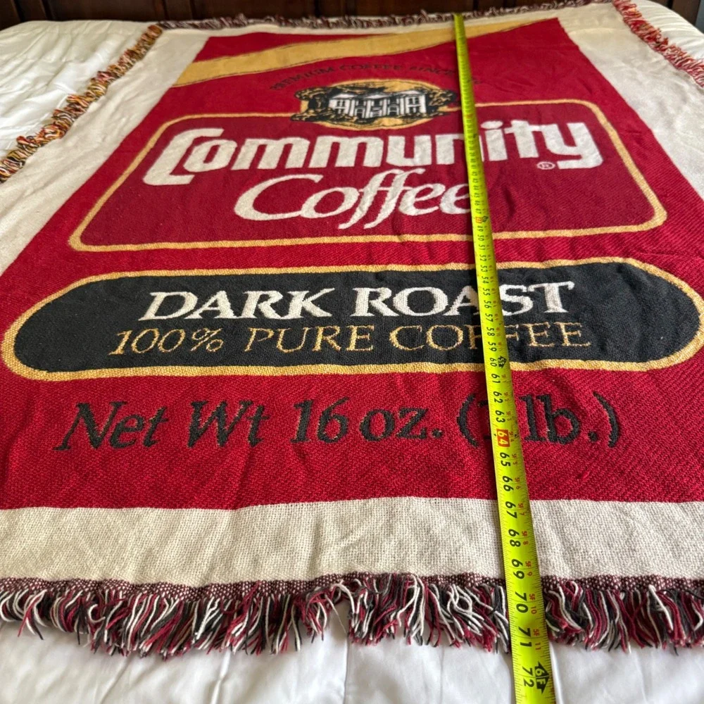 Community Coffee Dark Roast Woven Tapestry Throw Blanket Red Fringed Edge Retro